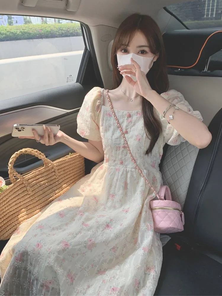 Cyflymder  Dresses Women Square Collar French Style Floral Printed Puff Short Sleeve Vintage Elegant Temperament Dress Ladies Casual
