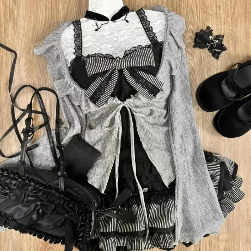 Cyflymder Sweet Lolita Lace Up Ruffles Cardigan+ Sexy Slim Fit Strapless Vest Tops+ High Waist Ruched Skirts Early Autumn Three Piece Sets