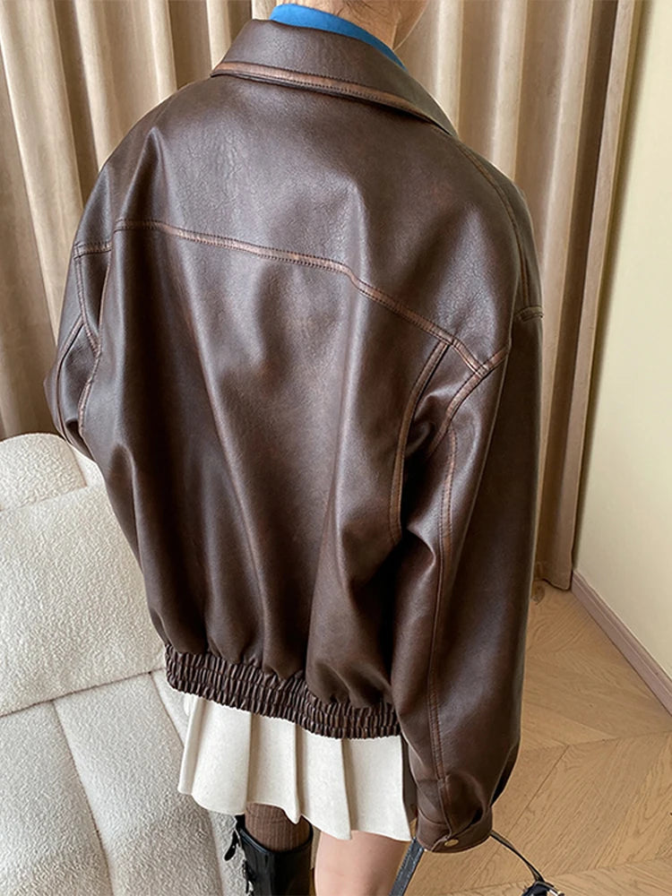 Cyflymder Vintage Maillard Leather Jacket Silhouette Craft PU Leather Motorcycle Jacket Top Women Loose Thickened Brown Coat Spring Autumn