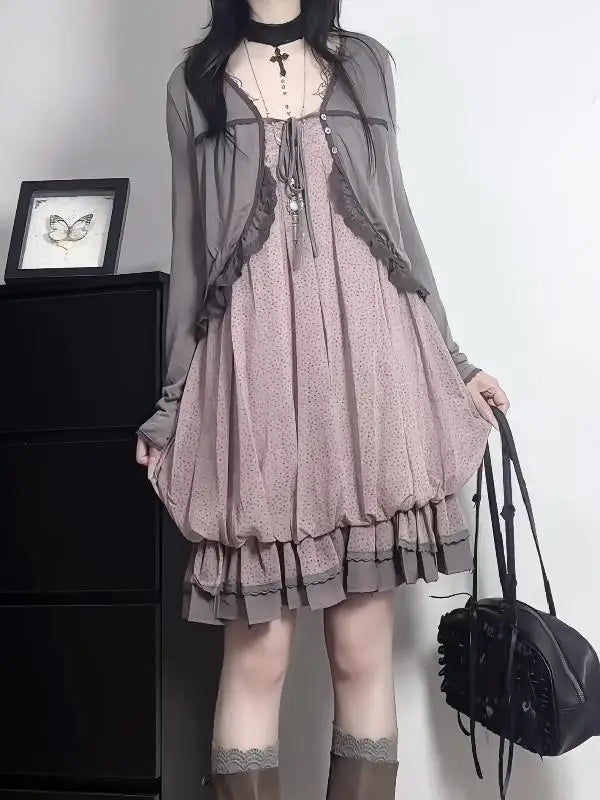 Cyflymder  Autumn New Retro Fashion Polka Dot Suspender Bud Dress Casual Cardigan Two piece Set Harajuku Korean Fashion Set Chic