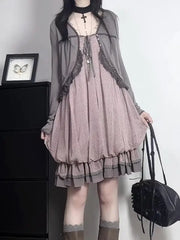 Cyflymder  Autumn New Retro Fashion Polka Dot Suspender Bud Dress Casual Cardigan Two piece Set Harajuku Korean Fashion Set Chic