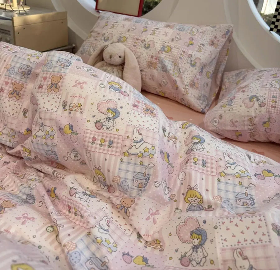 Cyflymder  Romantic sweet cute pink girl rabbit bear bedding set,twin full queen lovely cotton home textile sheet pillow case quilt cover
