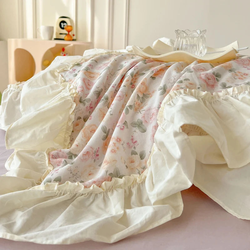 Cyflymder  Floral Print Korean Style Princess Lace Ruffles 100% Cotton Bedding Set Duvet Cover Bed Sheet/Fitted Sheet Pillowcases 3/4Pcs