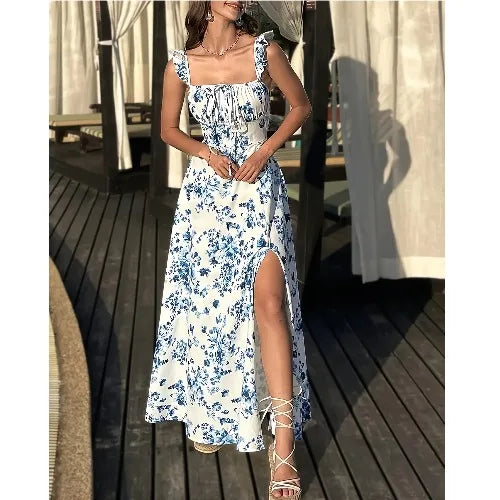 cSummer Sexy Bal Strap Long Dr Split One-oulder Print Comfortable Soft Polyester Fiber No-Sve Adjustable Waist