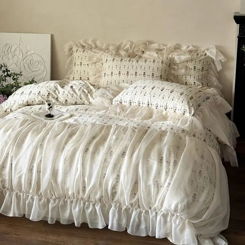 Cyflymder  4Pcs Vintage French Pure Cotton Rose Print Pleated Lace Ruffles Bedding Set Queen King Size Duvet Cover Set Bed Sheet Pillowcase