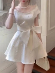 Cyflymder  New French Elegant Sweet Style Vintage Dress Women Design Sense Pearl Bow Short Sleeve Dresses Aesthetic Fashion Party Clothing