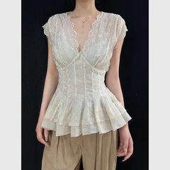 Cyflymder  French White Lace Hollow Out Shirt for Women's Summer V-neck Short-sleeved Slim Fit Shirt Fashion Female Clothes