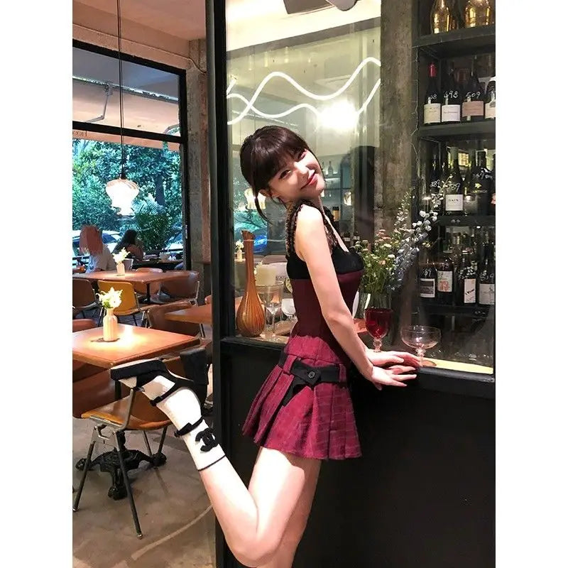 Cyflymder  2025 New Temperament Red Plaid Dress Summer Fashion Niche Design Sense Lace Camisole Pleated Women Dresses Trend