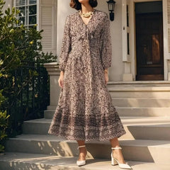 Cyflymder  Floral Print Long Dress Women 2025 New Summer Elegant Loose V-neck Lace Up Midi Dresses Vintage Chic Boho Casual Party Dresses