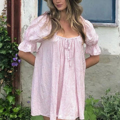 Cyflymder  Y2K Kawaii Short Puff Sleeves Mini Dress Vintage Square Neckline Tie Up Bodydall Dress Daily Party Club Loose Fit A-line Dress
