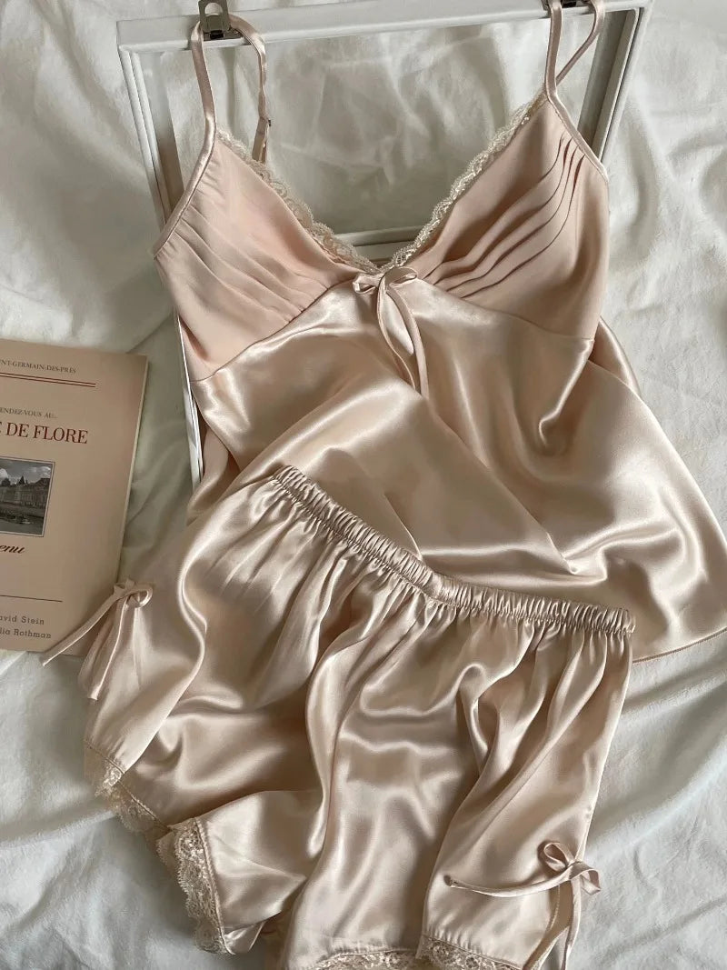 Cyflymder  French Summer Temperamen Lazy Have Chest Pad Two Piece Sets Y2k Aesthetic Spliced Lace Thin Soft Shot Tank Top Ice Silk Shorts