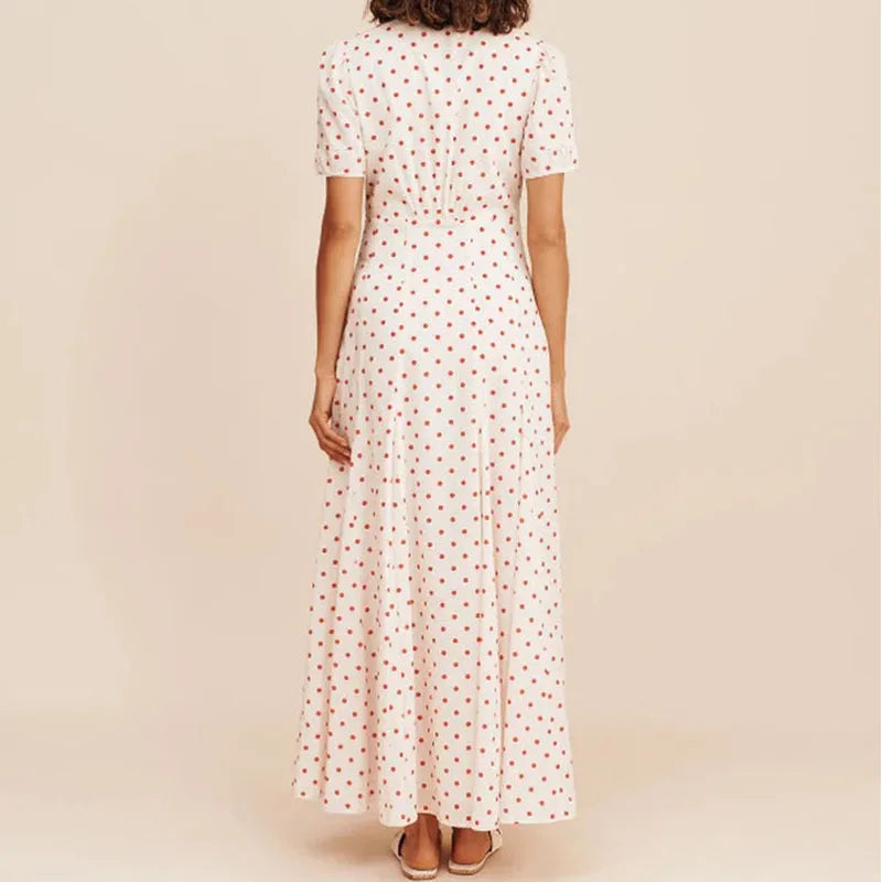 Cyflymder  Casual Short Sleeve High Waist Swing Dress French Style Seaside Vacation Maxi Dress Fashion Polka Dot Print V-neck Evening Dress
