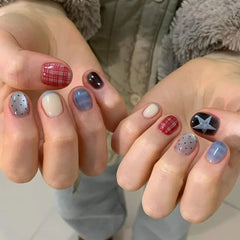 Cyflymder  10pcs Short Oval Shaped Press-On Nails - Color Block Stripes & Star Designs Glossy Mix-and-Match False Nails for Women and Girls