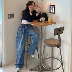 Cyflymder  Drawstring Large Pocket Neutral Loose Overalls Denim Wide-leg Pants