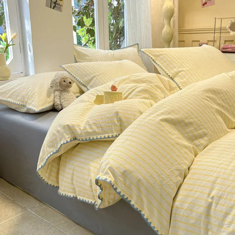 Cyflymder Simple Striped Shell Edge Bedding Sets Washed Cotton Fabric Cozy Fitted Sheet for Home Non Fading Bedclothes Set for Single Bed