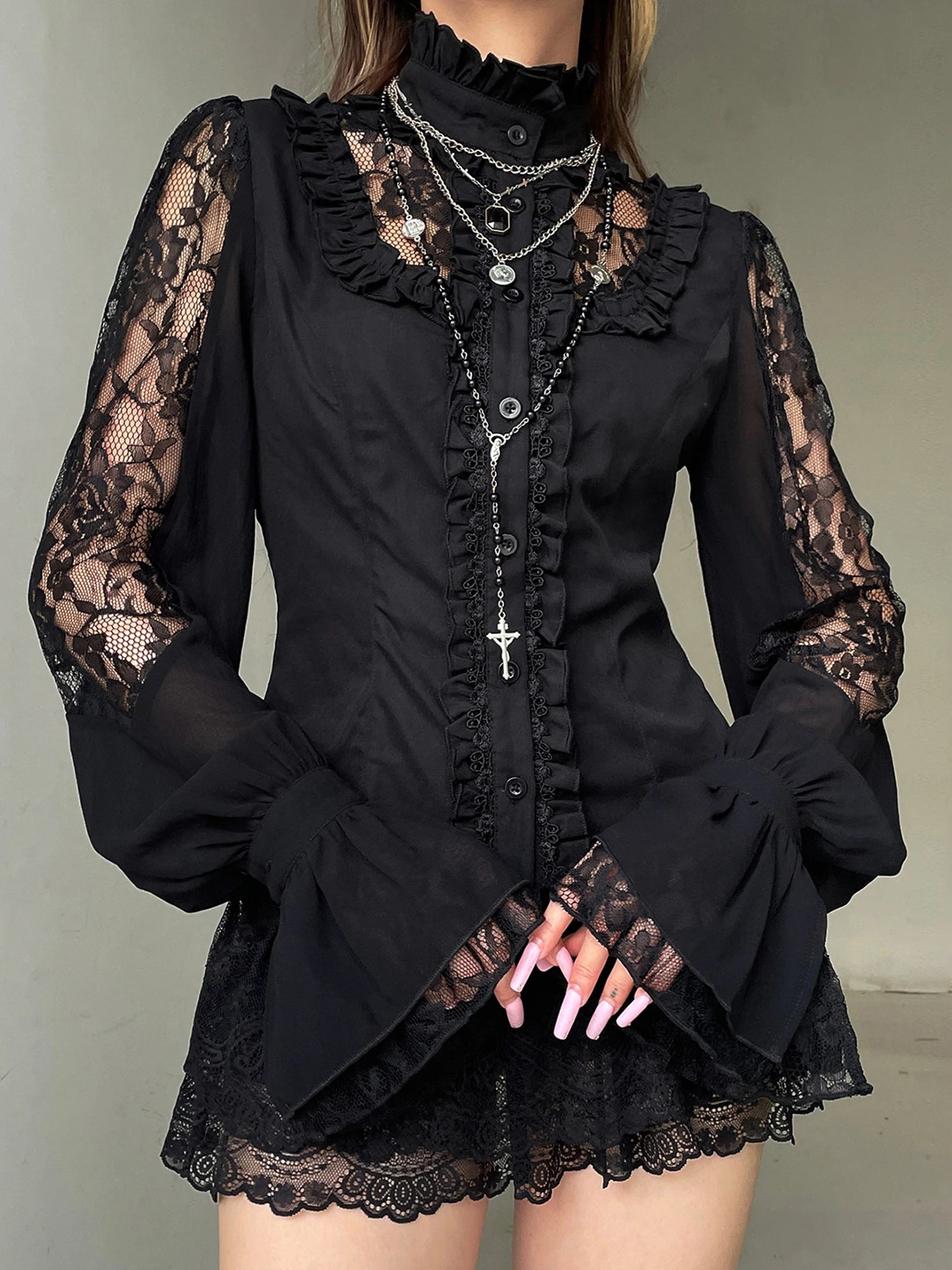 Cyflymder  Elegant Floral Embroidered Blouse Stylish V-Neck Long Sleeve Button Down Shirt Casual  Fit Lace Patchwork Top for Women
