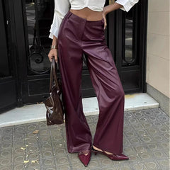 Cyflymder  Fashion Button Red Wine Straight Pants Women High Waist Zipper Fly PU Leather Spring Summer Elegant Solid Color Slim Trousers