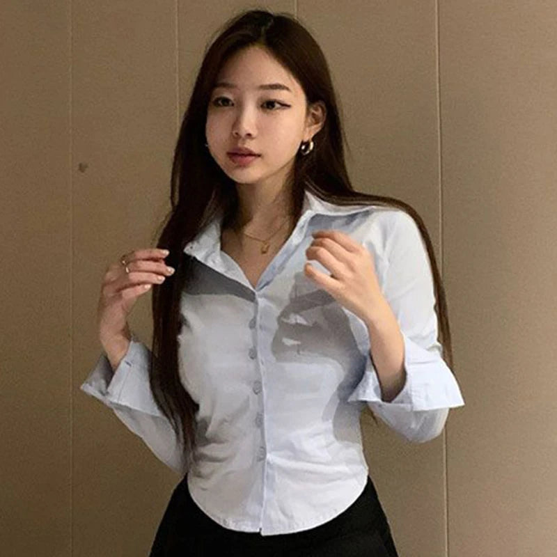 Cyflymder Korean White Office Women Chiffon Shirt Pocket Button Lapel Ladies Blouse Spring Commuter Long Sleeve New Female Crop Tops