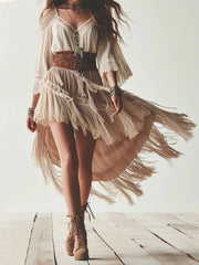 Cyflymder  Women's Boho Dress Cold Shoulder V Neck Lace Fringe Ethnic Chic Elegant Irregular Hem Indie Folk Sweet Midi Dress for Summer