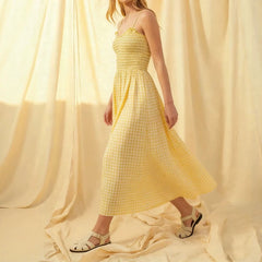 Cyflymder  Summer High Waist Slim Pleat Maxi Dress Lady New Sleeveless Hollow Out Vacation Dress Elegant Checkered Print Swing Halter Dress