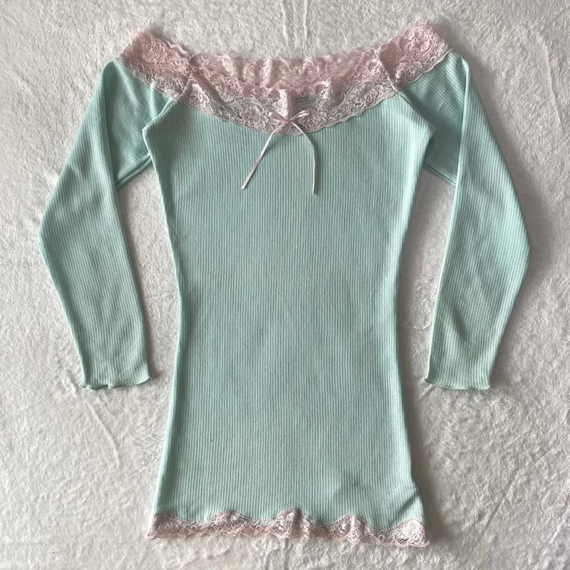Cyflymder  Women Y2K Off Shoulder Long Sleeve Top Pink Lace Bow Trim Ribbed Slim Fit Blouse Pastel Mint Shirt