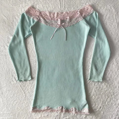 Cyflymder  Women Y2K Off Shoulder Long Sleeve Top Pink Lace Bow Trim Ribbed Slim Fit Blouse Pastel Mint Shirt