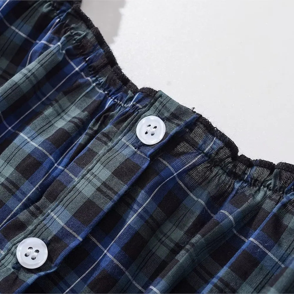 Cyflymder  CHIC Contrast Color Plaid Open Buttons Slash Shoulder Mini Dress Women Short Sleeve Slim Waist Dresses Holiday Robe Femme