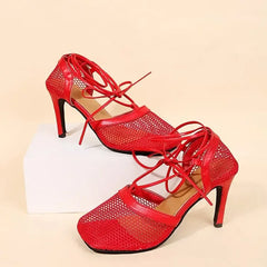 Cyflymder  Summer New Plus Size Women's Shoes Breathable Mesh Strap Thin Heel Square Head Hollow High Heel Shoes