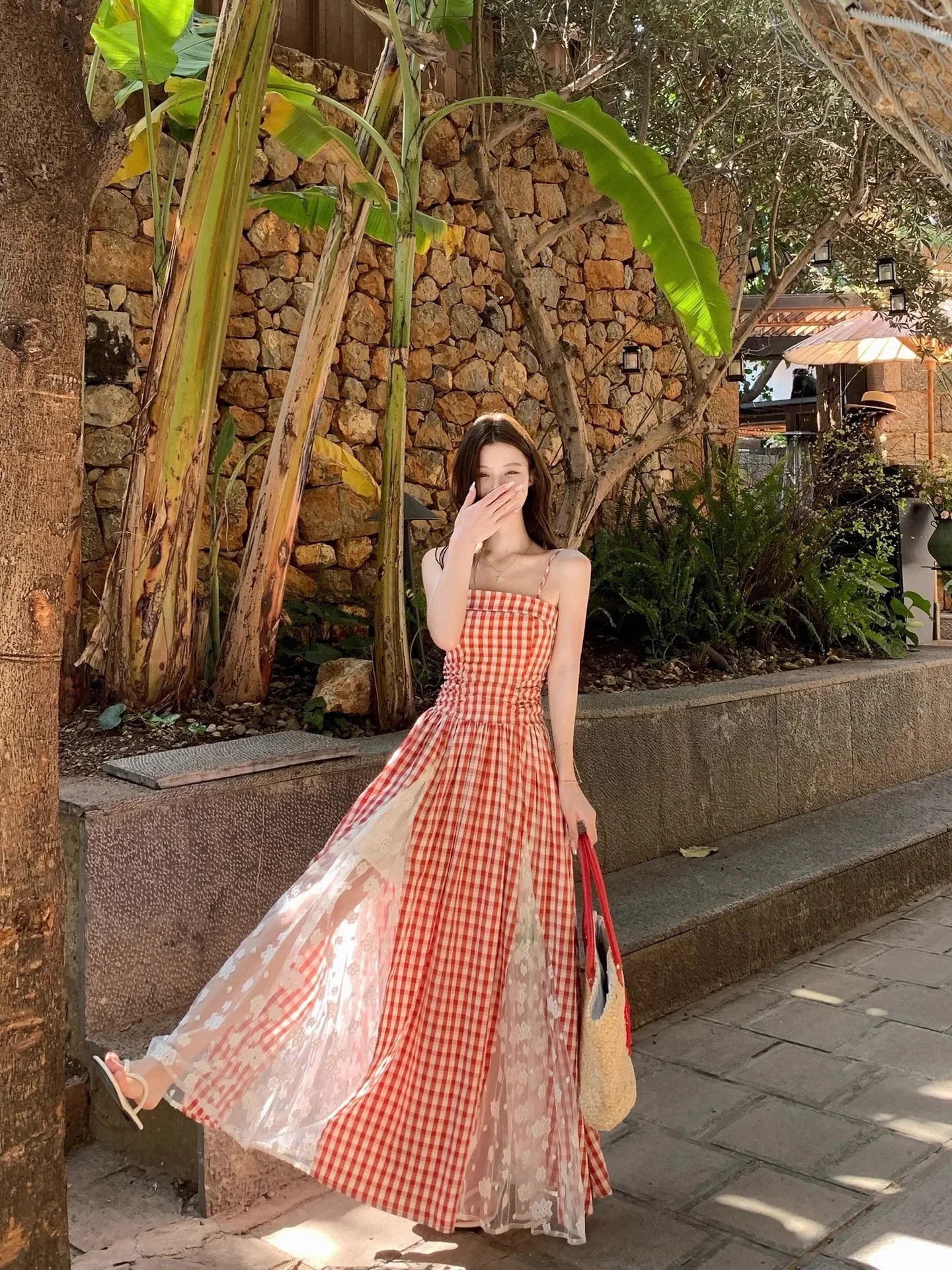 Cyflymder  Korean Style Blue Plaid Lace Halter Dress Women Summer 2025 Sweet Beach Vacation Maxi Skirt Long Dress One Shoulder Sleeveless