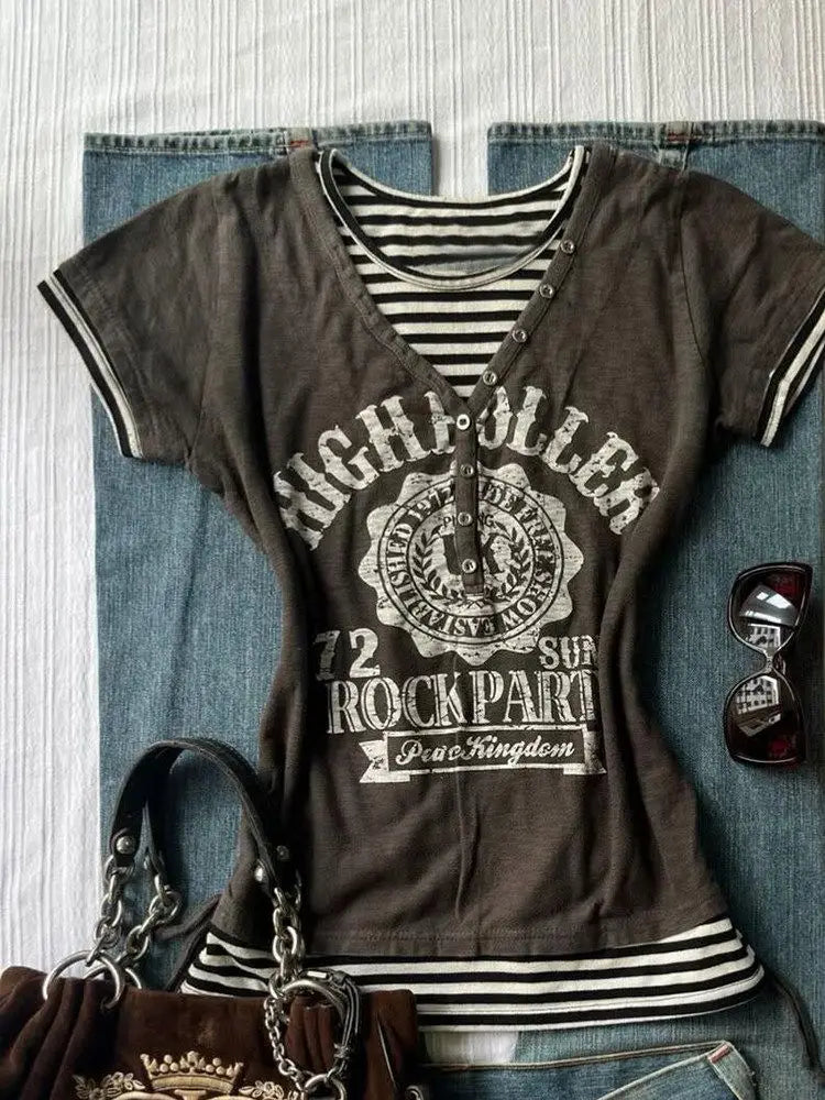 Cyflymder  Vintage T-shirt Fake 2Piece Himekaji Print Y2k 2000s Crop Top Summer Goth Punk Stripe Slim Woman Clothes O-Neck Fashion Emo Tees