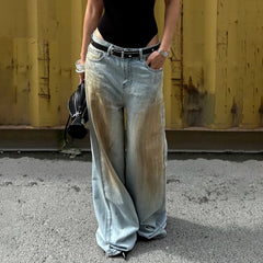 Cyflymder   Vintage Washed Distressed Straight-Leg Jeans Women's Low Waisted Denim Pant Y2K Streetwear Trousers Casual Loose Outfit