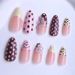 Cyflymder  24pcs Sweet Cute Dotted Fake Nails with 3D Flower Design Press on Nails INS Fashion Almond/Ballet Shaped False Nail Patches
