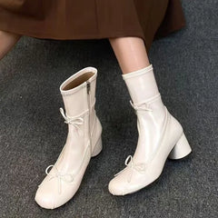 Cyflymder   New Womens Mary Jane Shoes Exquisite Round Head Stretch Boots for Woman Fashion Bow High Heeled Boots Designer Shoes Botas Mujer