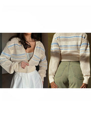 Cyflymder  Ladies Striped Knit Cardigan with Zipper Closure and Hollow Details Fashionable Turn Down Collar Long Sleeve Sweater Coat
