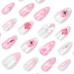 Cyflymder  24pcs French Cute Fake Nail Sweet Pink 3D Flowers Bowknot Design Almond False Nail Patch Korean Style Press on Nails for Girls