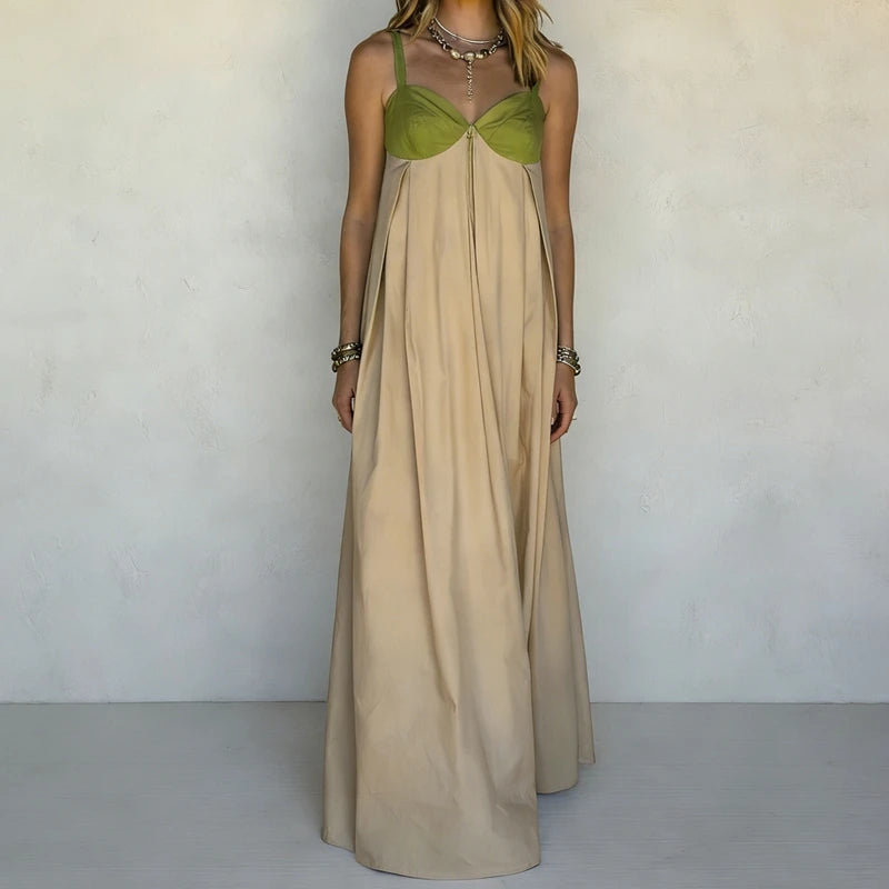 Cyflymder  Women Loose Fit Maxi Dress Summer Sleeveless Patchwork Contrast Color Flowy Dress Beach Party Back Tie Long Dress