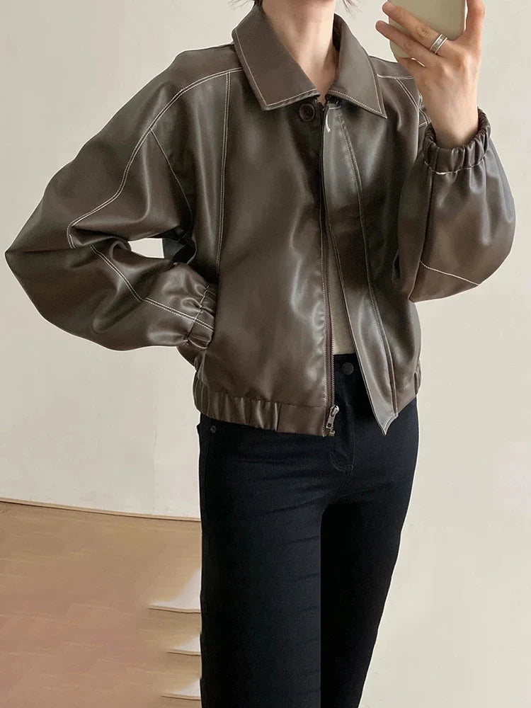 Faux Leather Jacket for Women Zippers Turn-down Collar Casual Coat Autumn 2024 Fashion Single Breasted Female Jacket Cyflymder