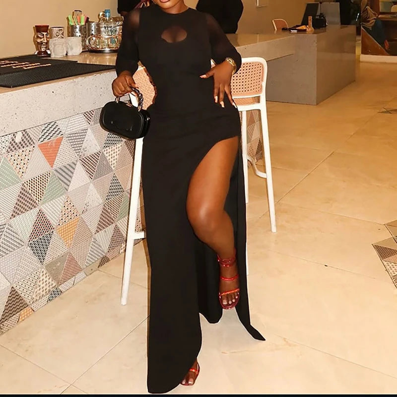 Cyflymder  Fashion Round Neck Wrap Hip Dress Women Elegant Mesh Splicing Solid Color Long Dress Autumn Casual Long Sleeve Party Dress