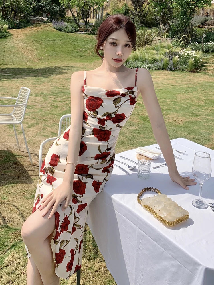 Cyflymder  Vintage Slash Neck Spaghetti Strap Rose Floral Chiffon Midi Dress for Women Party Elegant Bodycon Beach Robe Vestidos Summer New