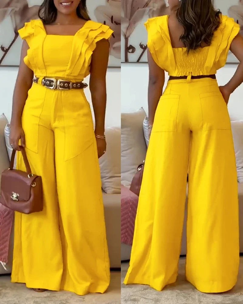 Cyflymder  Elegant 2-Piece Set Square Neck Flutter Sleeve Shirred Top High Waist Wide Leg Pants Women's Casual Comfortable Outfits