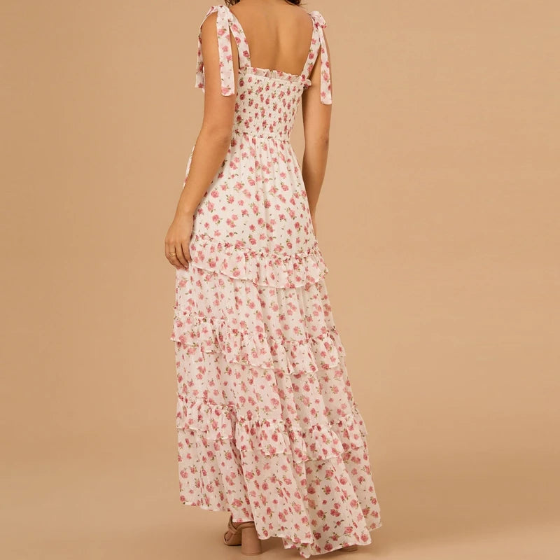 Cyflymder  Floral Tie Shoulder Maxi Dress for Women Y2k Spaghetti Strap Ruffles Flowy Long Dress Ladies Summer Boho Beach A-line Sundress