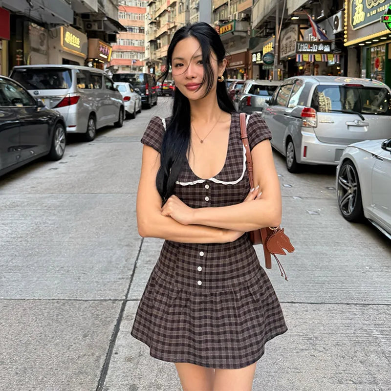Cyflymder  Women Retro U Neckplaid Mini Dresses Sexy Lace Trim Button Down Ruffle Hem A-line Dress Lady Summer Dating Party Elegant Clothes