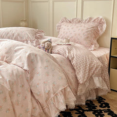 Cyflymder  Korean Princess Style Ruffles Flower Print Bedding Set Duvet Cover Set Bed Skirt Bedspread Pillowcases 100% Cotton Home Textile