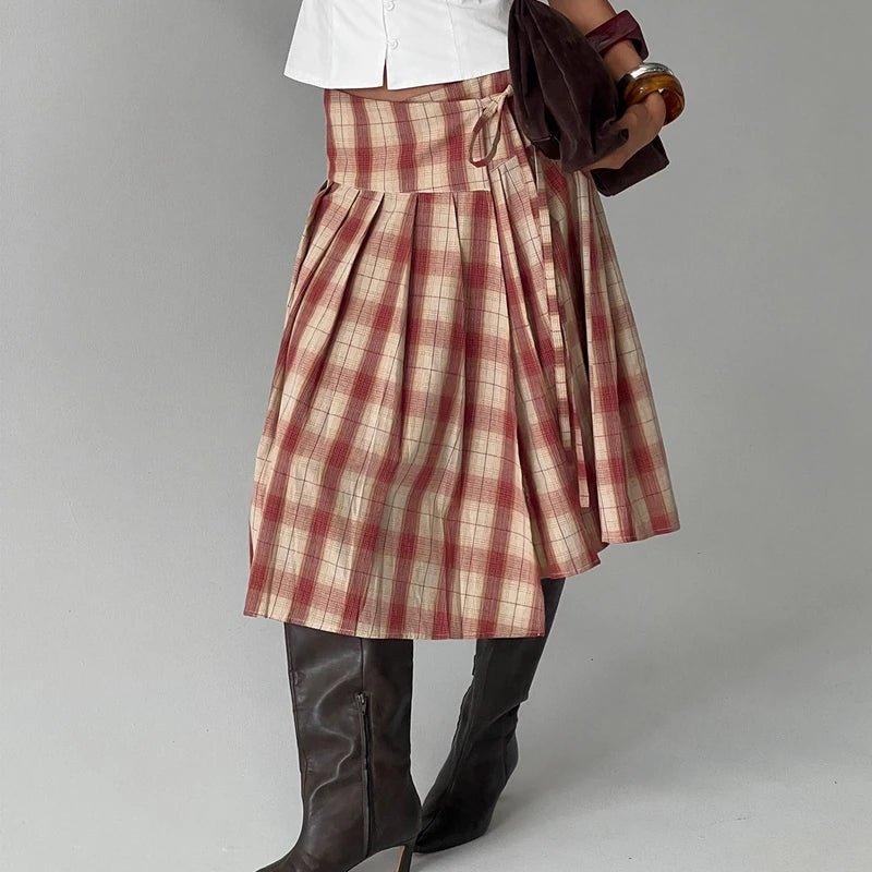 Cyflymder  Women Vintage Plaid Midi Skirt Stylish Irregular Hem Bow Tie Pleated Skirts Preppy Cute Y2k Gingham A Line Skirt