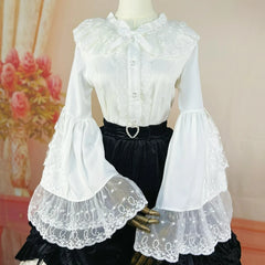 Cyflymder Japanese Gothic Lolita Style Shirts Women Vintage Elegant Lace Embroidery Ruffles Collar Slim Tops Victorian Flare Sleeve Blouse