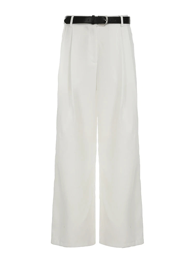 Cyflymder  Casual White Loose Suit Pants with Belt Women Summer Street Style Baggy Straight Trouser Korean Fashion All-match Capris