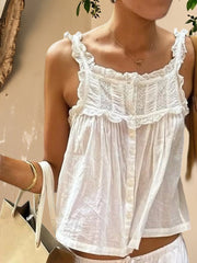 Cyflymder  Women s Sleeveless Lace Patchwork Tank Top with Button Detail and Casual Aesthetic Streetwear Style for Summer Wear