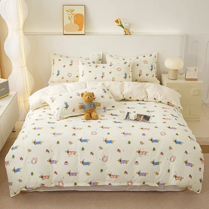 Cyflymder  Ins Style Plant Printed Skin Friendly Cotton Bed Sets 4Pcs Soft Cozy Duvet Cover Set for All Seasons King Queen Textile Supplies