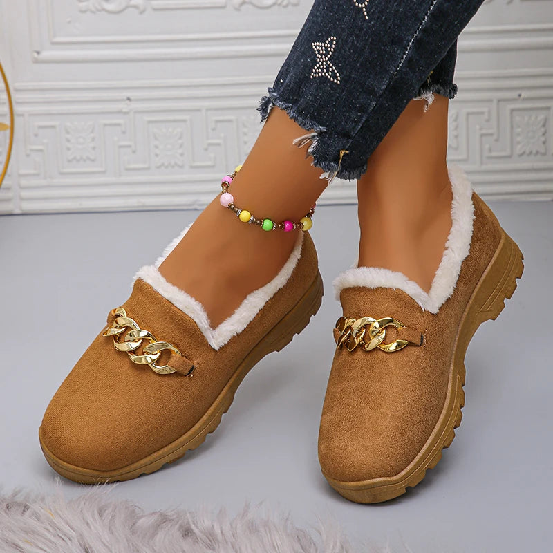 Cyflymder Trend Chain Thick Plush Low Platform Boots Women Winter Wear-Resistant Warm Ankle Boots Female Solid Soft Sole Non Slip Loafers