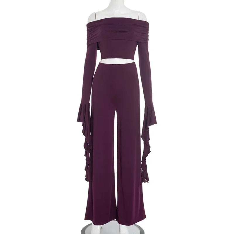 Cyflymder   Fashion 2 Piece Set Women Elegant Ruched Slash Neck Off Shoulder Ruffles Flare Long Sleeve Crop Tops + Wide Leg Pants Suits